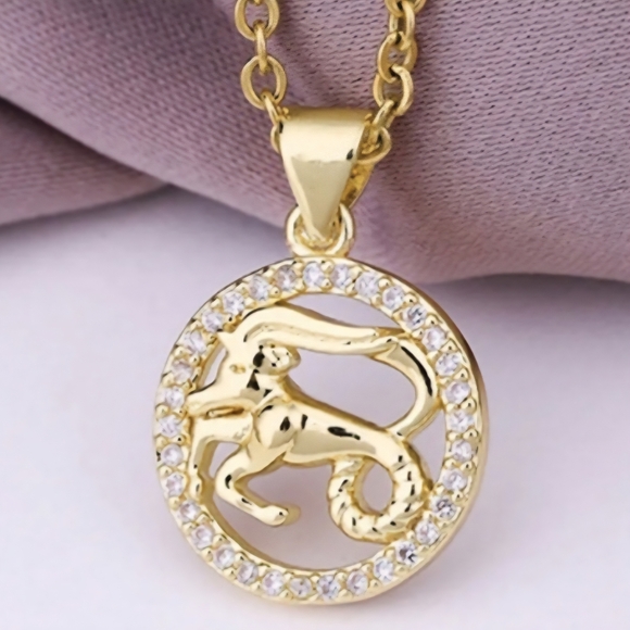 Capricorn Zodiac Necklace Zircon Gold Plated Stainless Steel - Picture 1 of 16